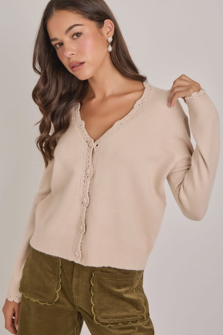 BON Lace Trim Button Front Cardigan – Oatmeal