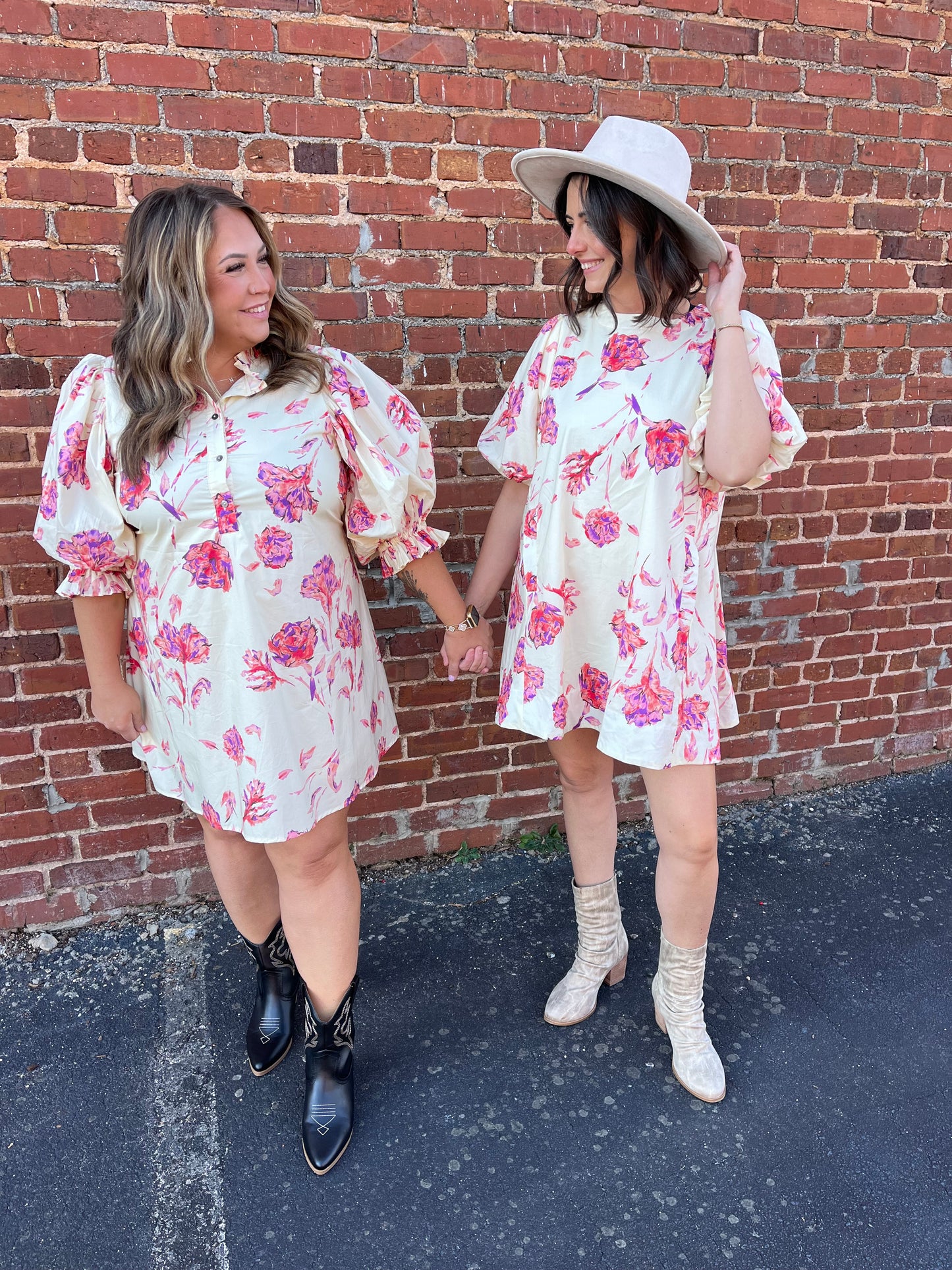 PLUS Entro Cream/Pink Mix Floral Mini Dress with Puff Sleeves