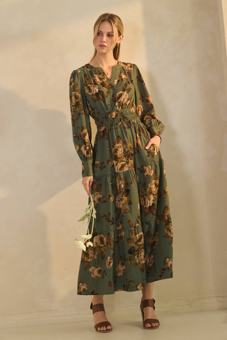 Oddi Deep Sage Floral Tiered Maxi Dress