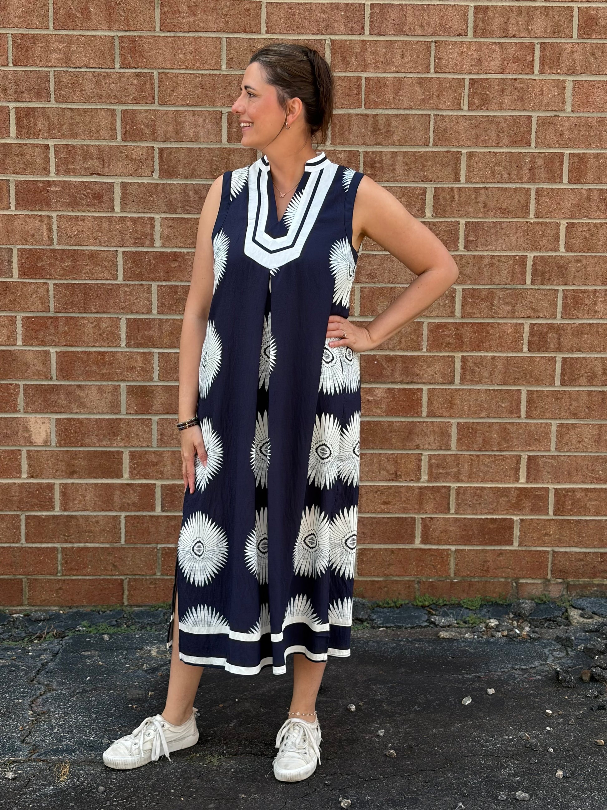 navy print midi dress Virlen Womens Long Sleeve Printed Midi Dress, Navy Blue Abstract / S