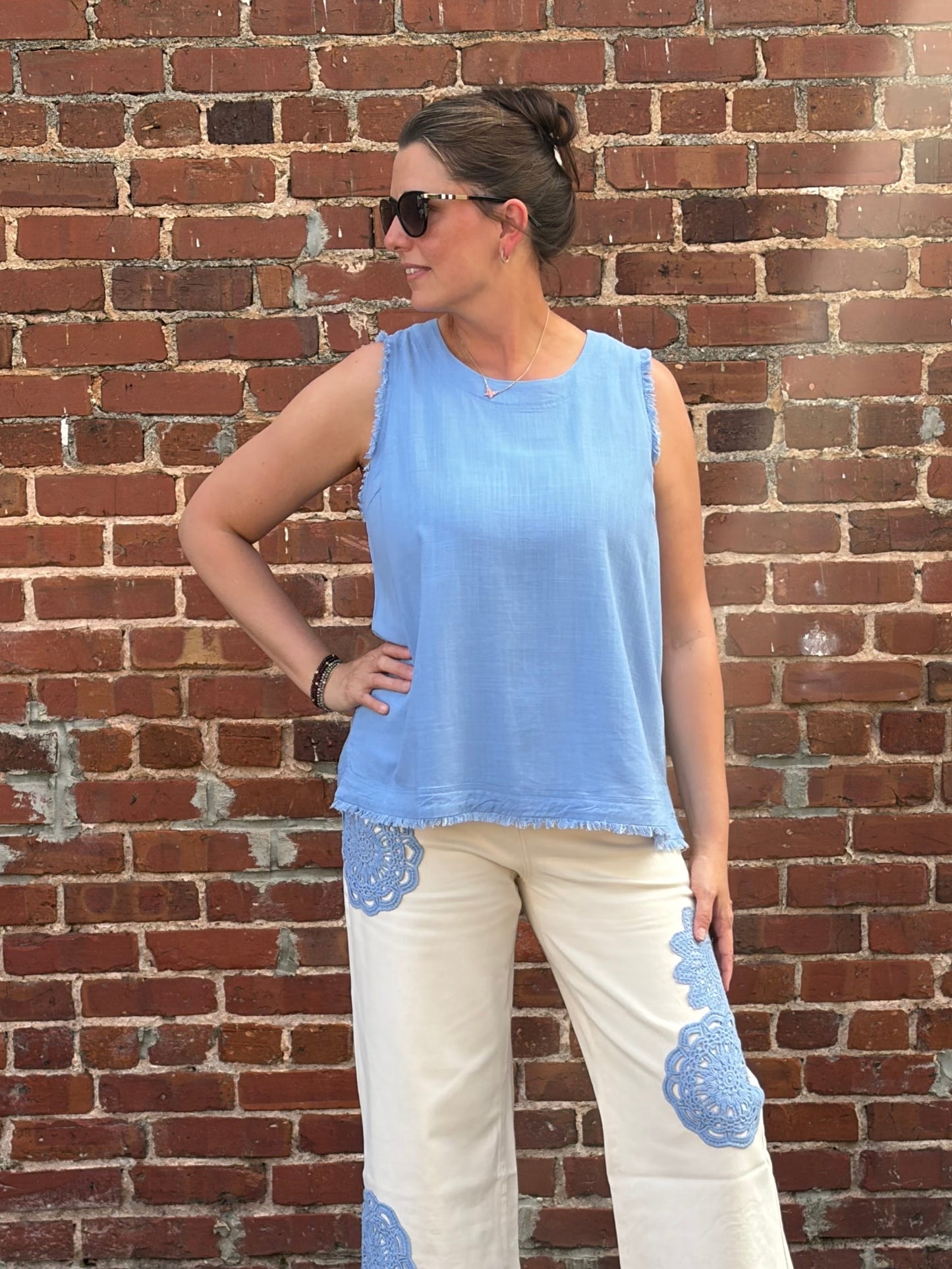 Entro Cream Wide-Leg Pants with Blue Floral Lace Appliqué