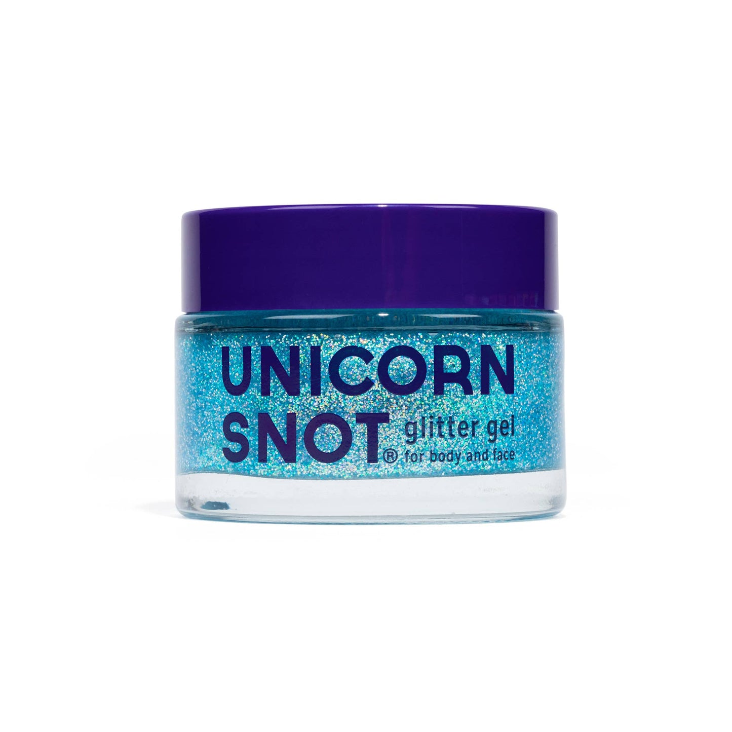 Jar of 'Unicorn Snot' glitter gel with blue glitter and purple lid on a white background