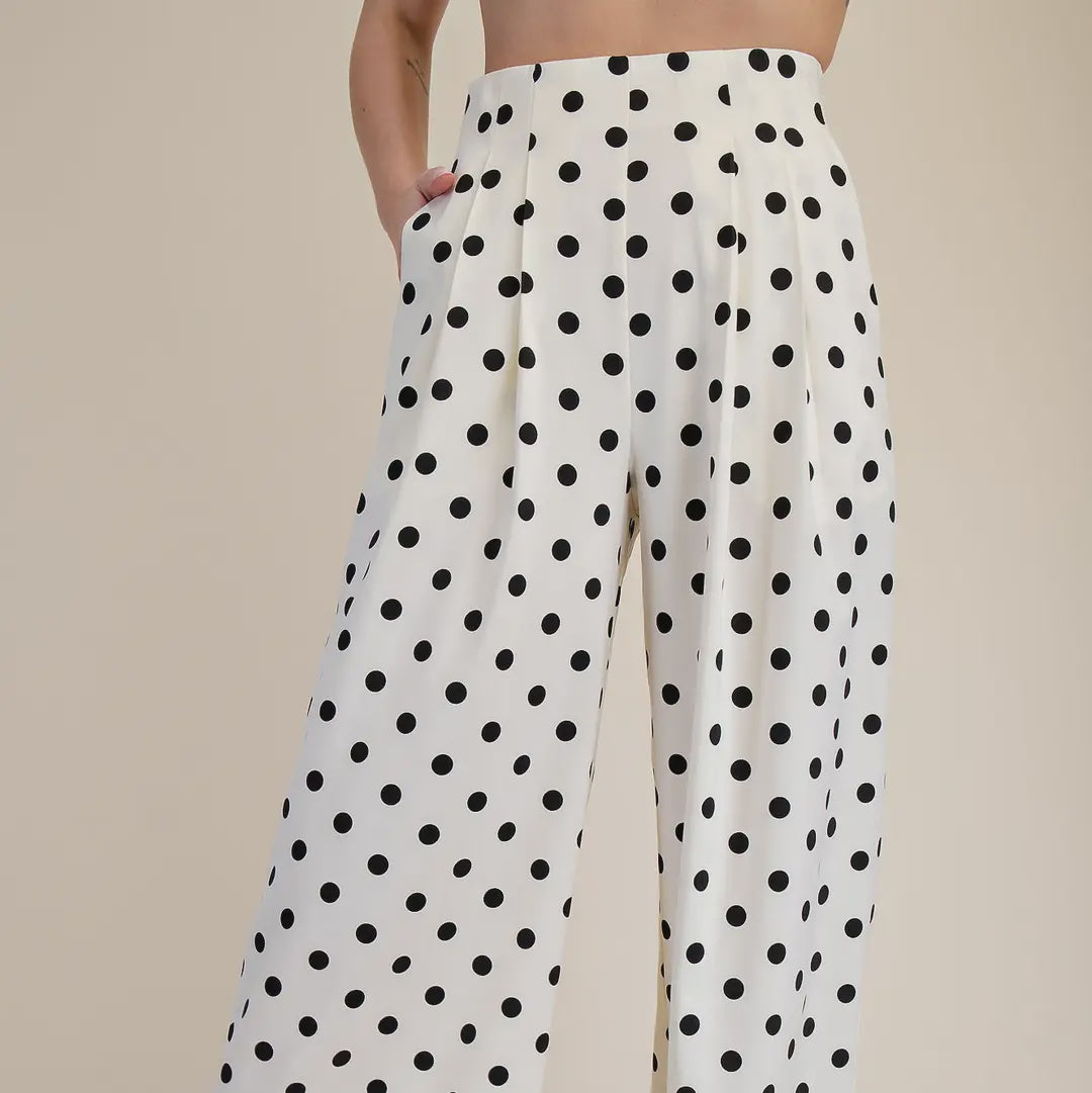 Glam Pleated High-Waisted Wide Leg Polka Dot Pants – Cream & Black