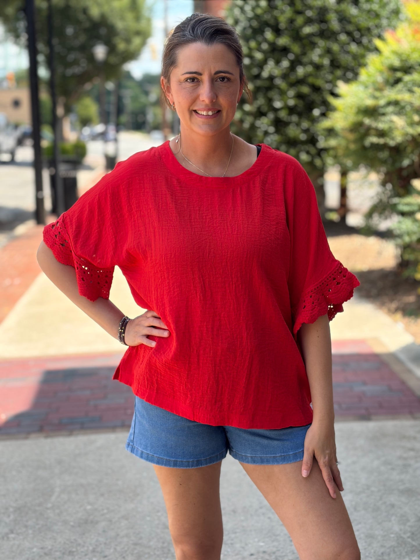 Umgee Tomato Red Crochet Trim Flutter Sleeve Top – Relaxed Fit Boutique Blouse