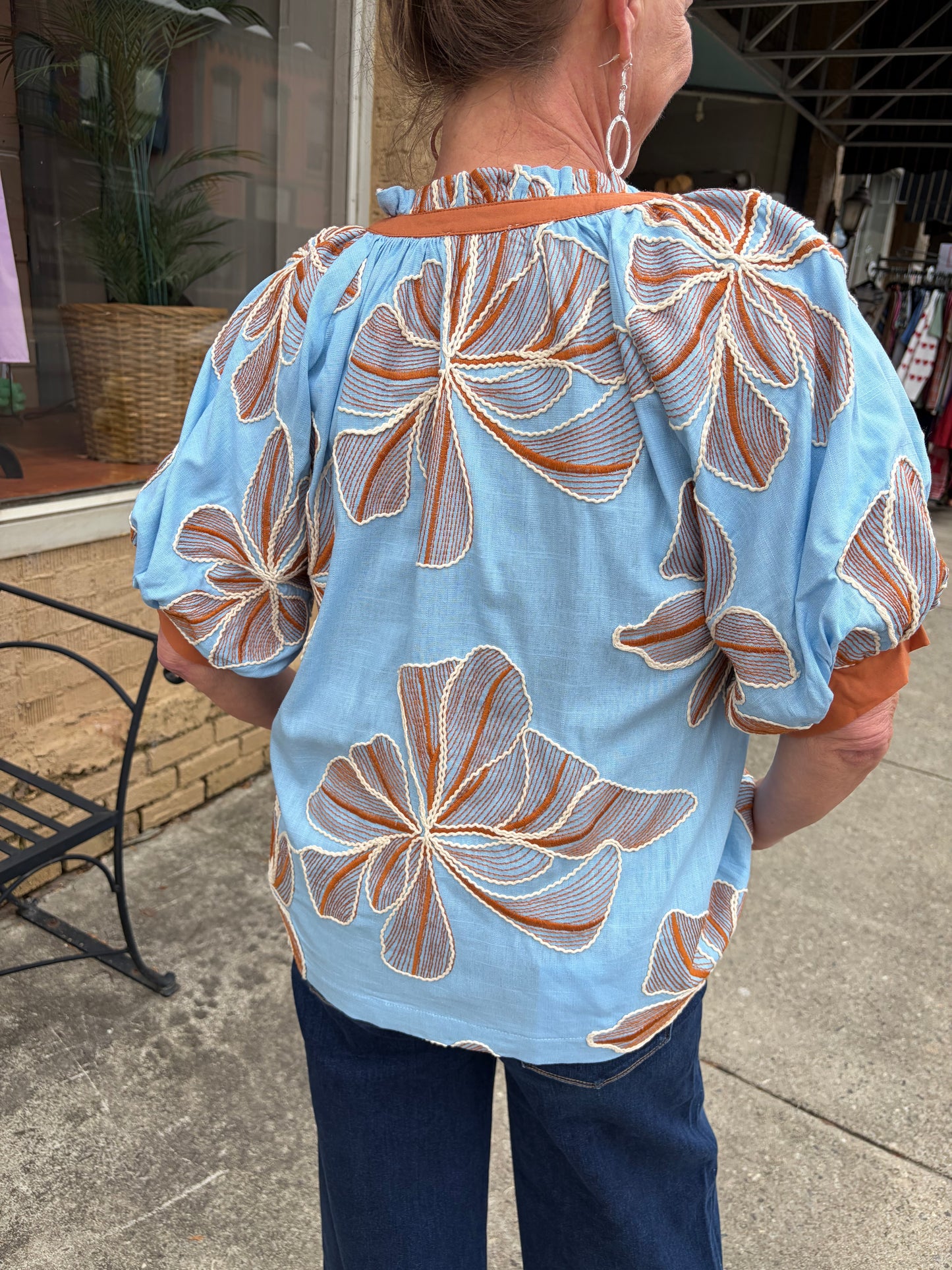 Umgee Blue & Brown Embroidered Linen V-Neck Top