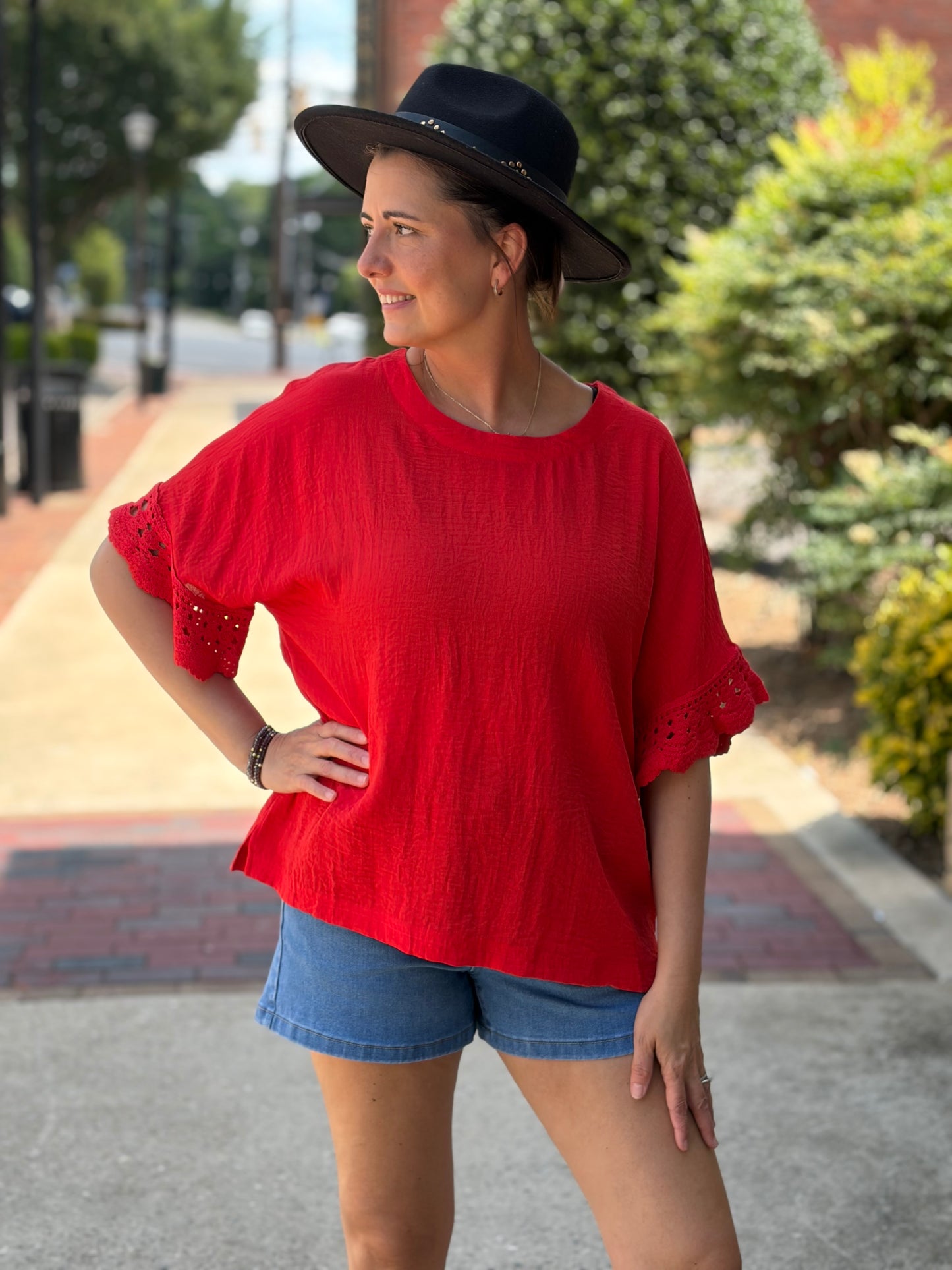 Umgee Tomato Red Crochet Trim Flutter Sleeve Top – Relaxed Fit Boutique Blouse