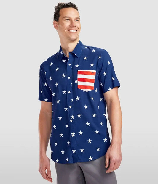 Blue Old Glory Button Down - Men's American Flag Hawaiian Shirt Tipsy Elves