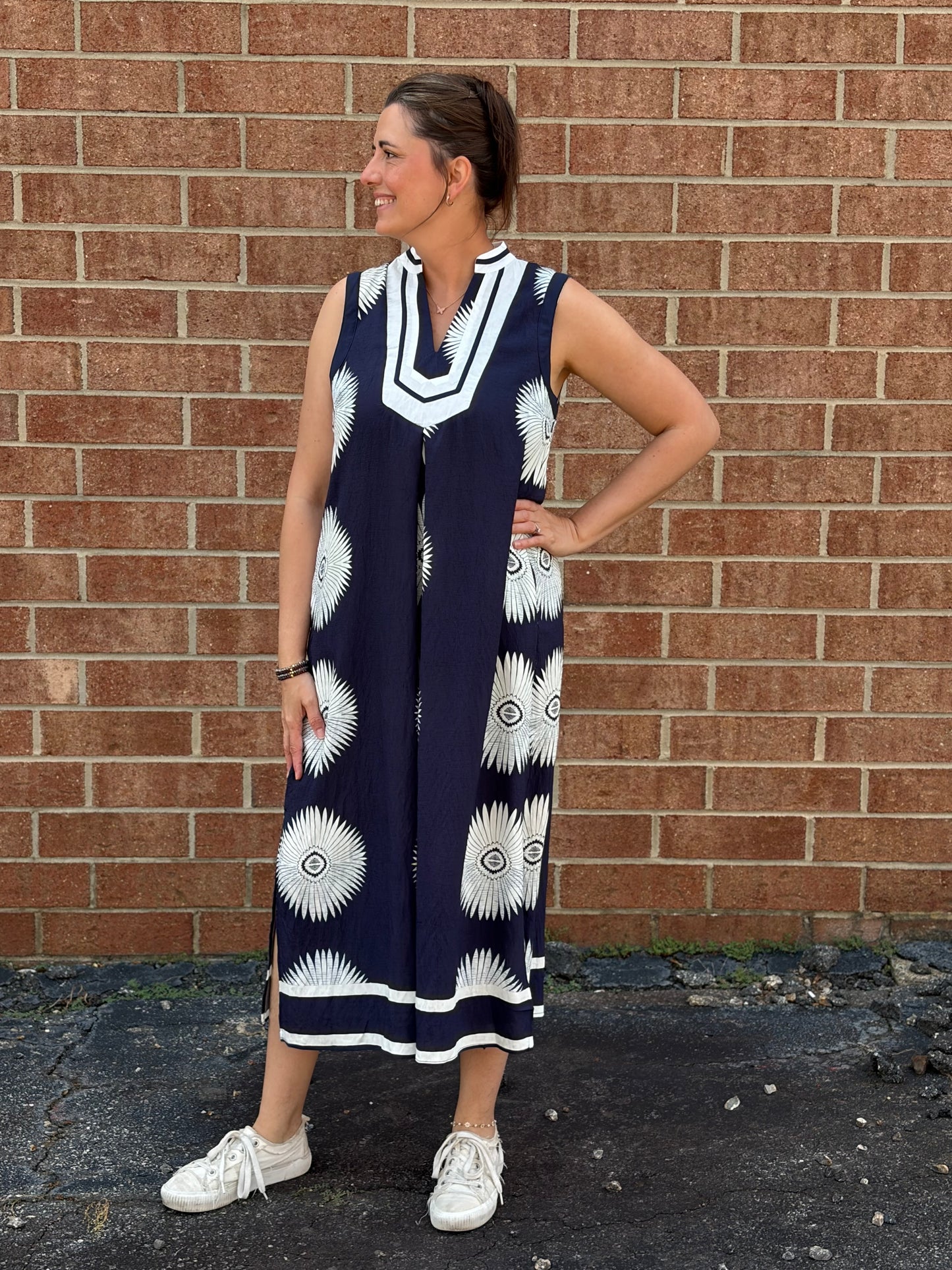 Umgee Navy Geometric Print Midi Dress – Sleeveless A-Line Dress with Pockets