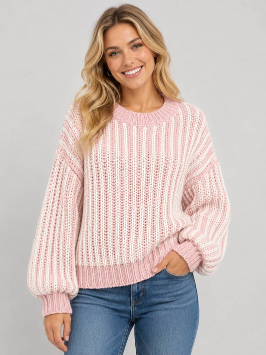 Pink Striped Sweater with Balloon Sleeves
