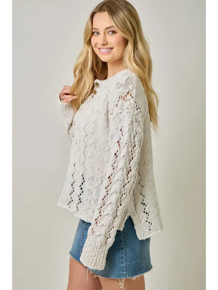 Mystree Cloud Soft Velvet Crochet Henley Sweater