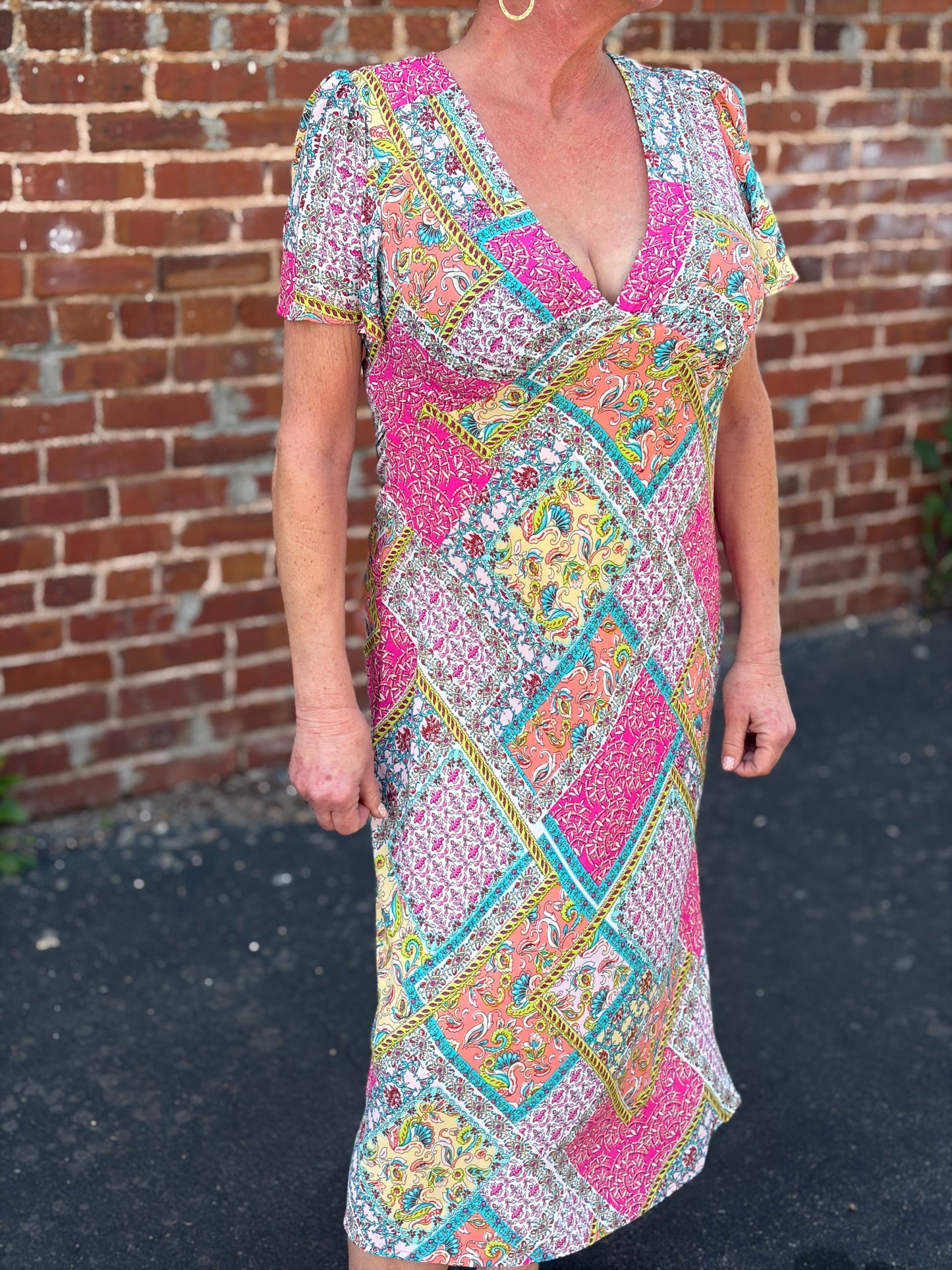 Georgette Patchwork V-Neck Maxi Dress Orange/Pink Combo