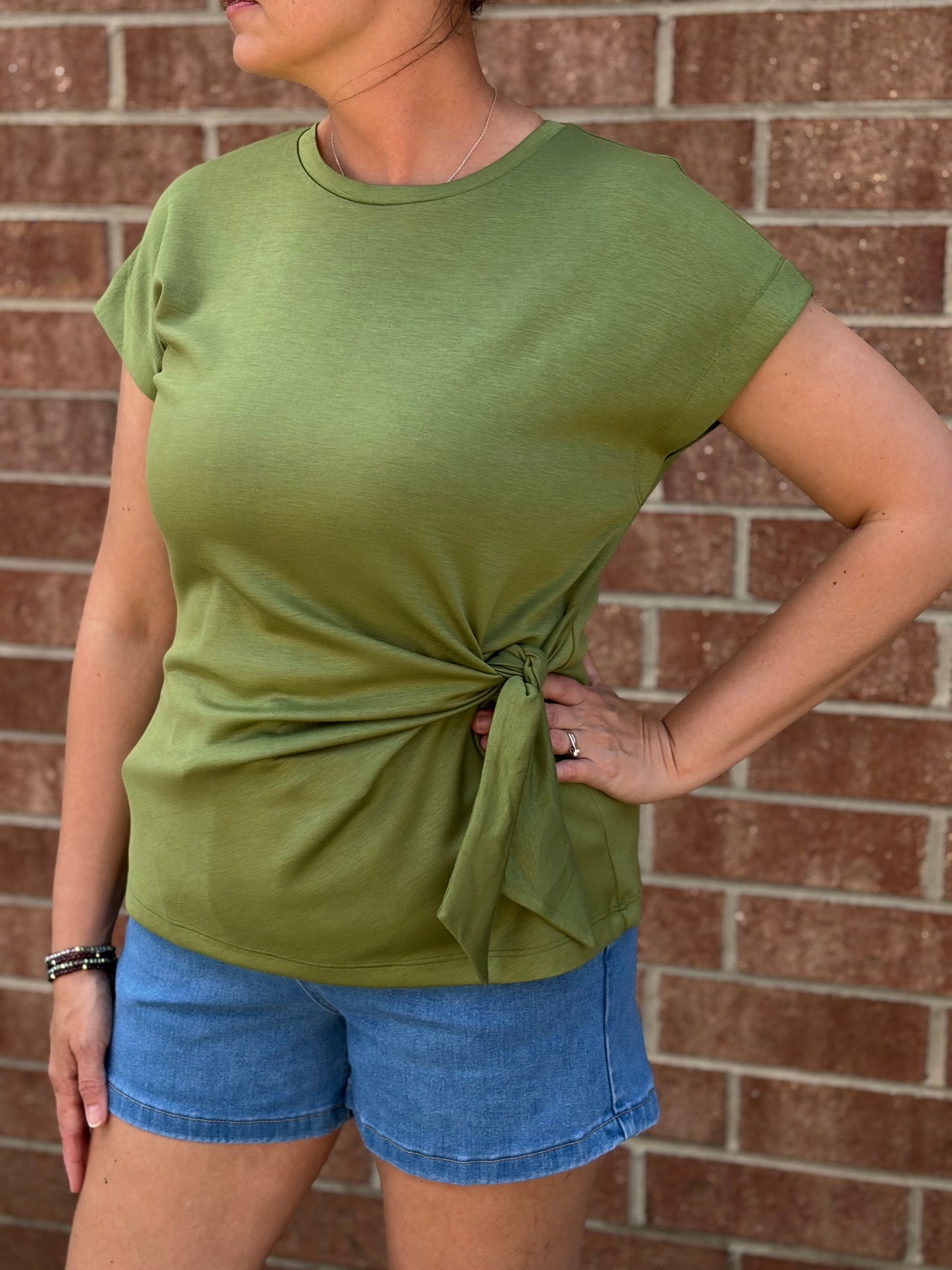 Entro Side Tie Bow Short Sleeve Knit Top - Lt Olive