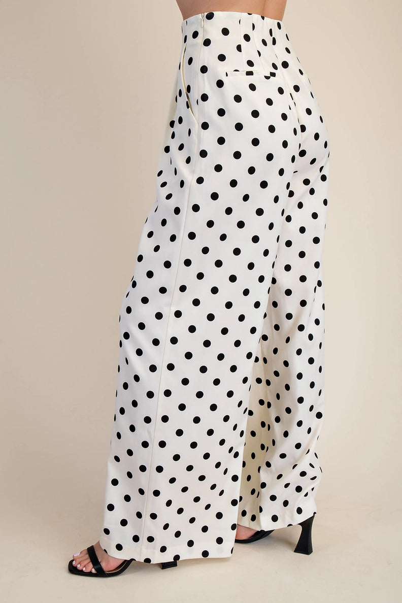 Glam Pleated High-Waisted Wide Leg Polka Dot Pants – Cream & Black