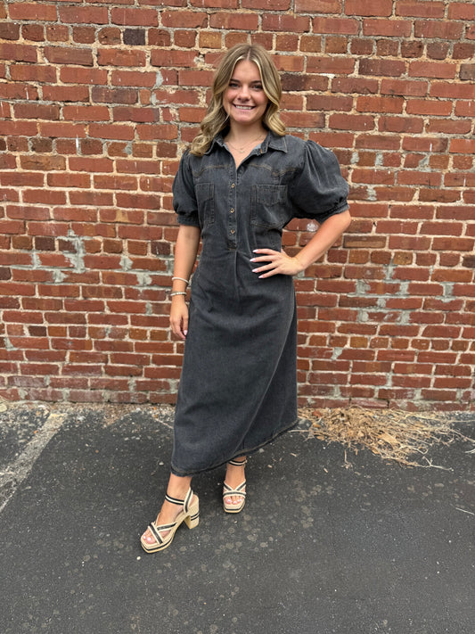 Umgee Black Denim Button Down Midi Dress