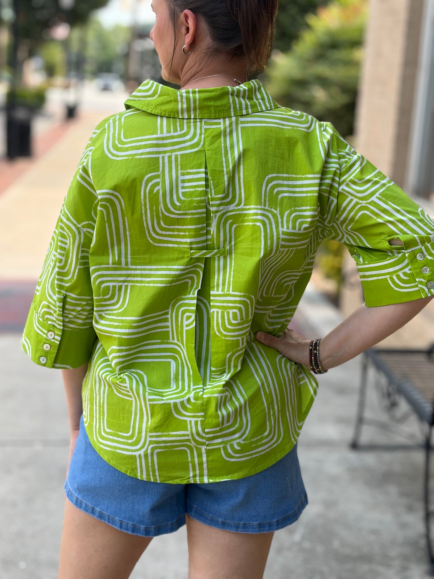 Entro Chartreuse Abstract Print Collared Split V-Neck Top