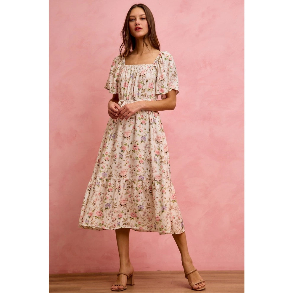 Textured Floral Print Flutter Sleeves Midi Dress   www.shoppesonmainconover.com