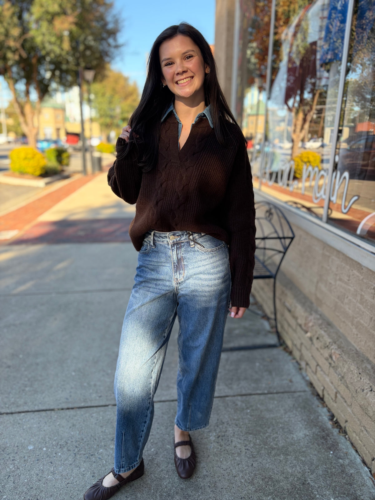 She and Sky Brown Cable Knit Sweater with Washed Denim Collar