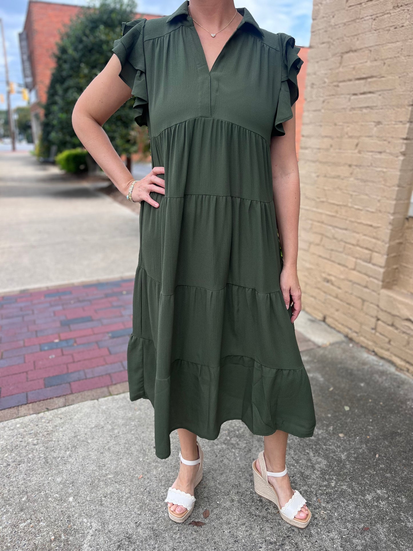 Umgee Olive Green Midi Dress with Collar