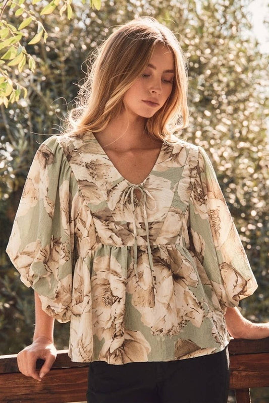 Oddi Sage Mix Floral Print V-Neck Blouse