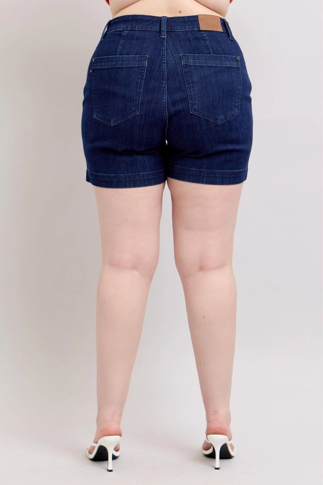 PLUS Judy Blue HW Denim Trouser Shorts Dark Wash