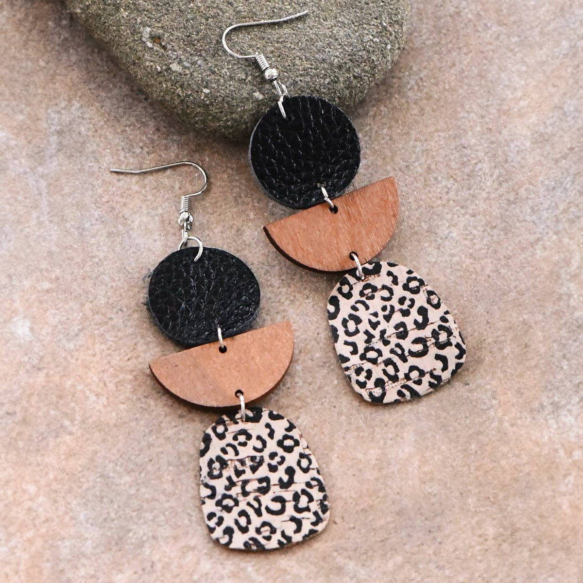 Leopard Printed Cork Earrings with Wood & Leather - 6423