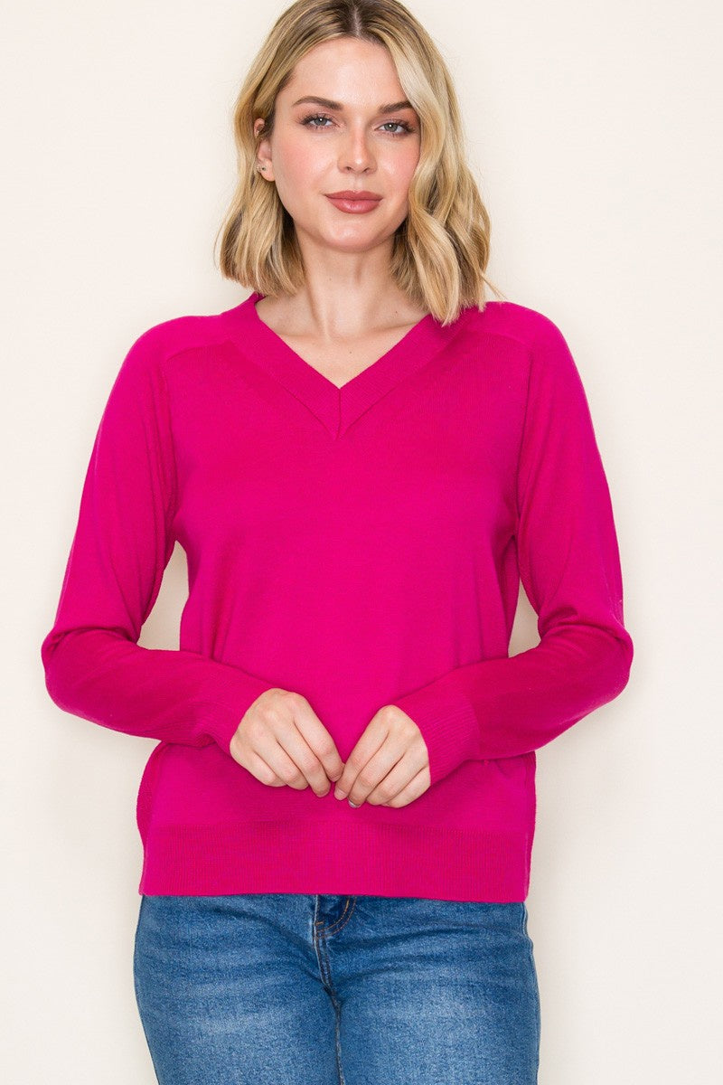 Staccato Magenta Textured V-Neck Sweater