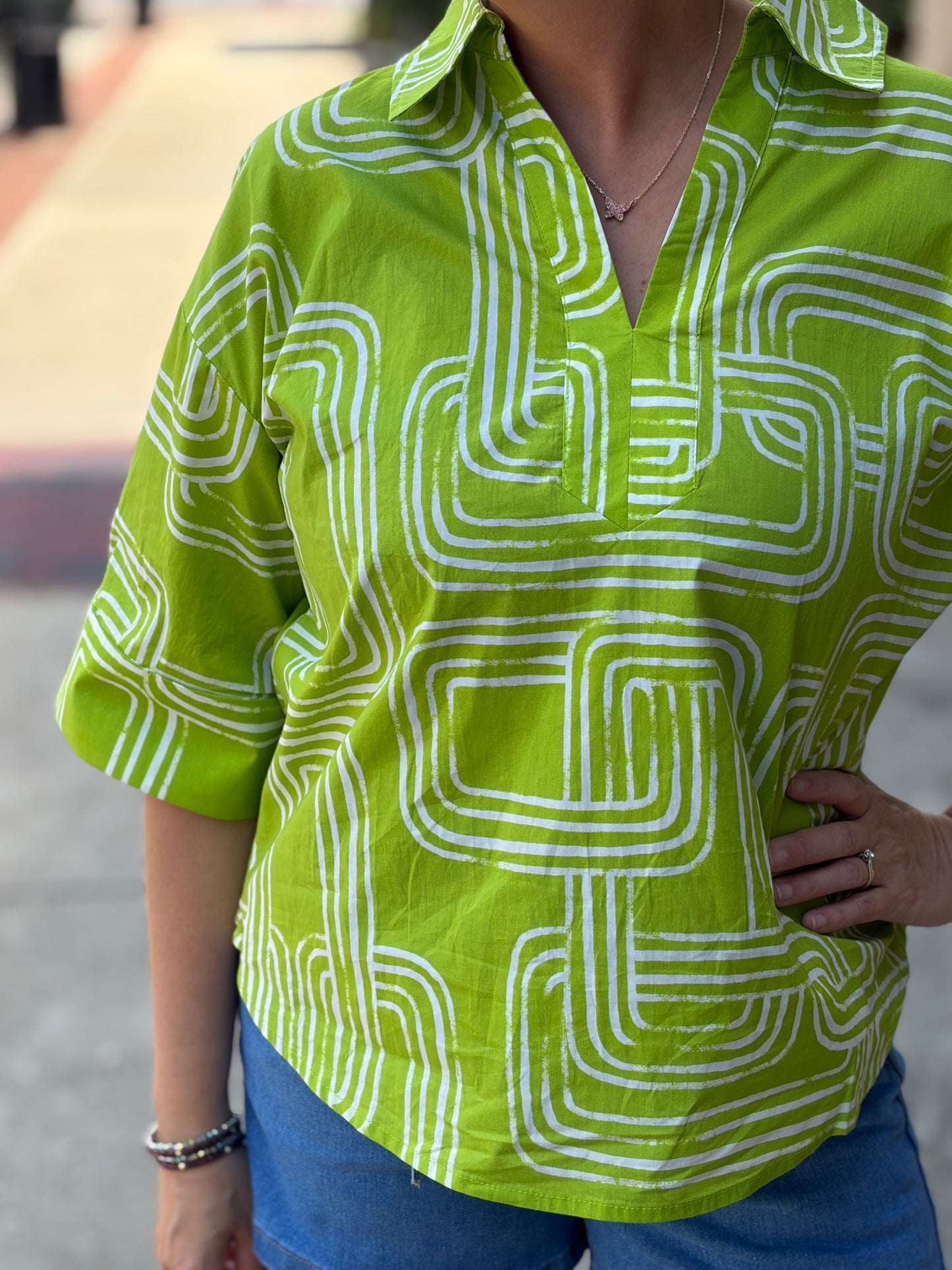 Entro Chartreuse Abstract Print Collared Split V-Neck Top