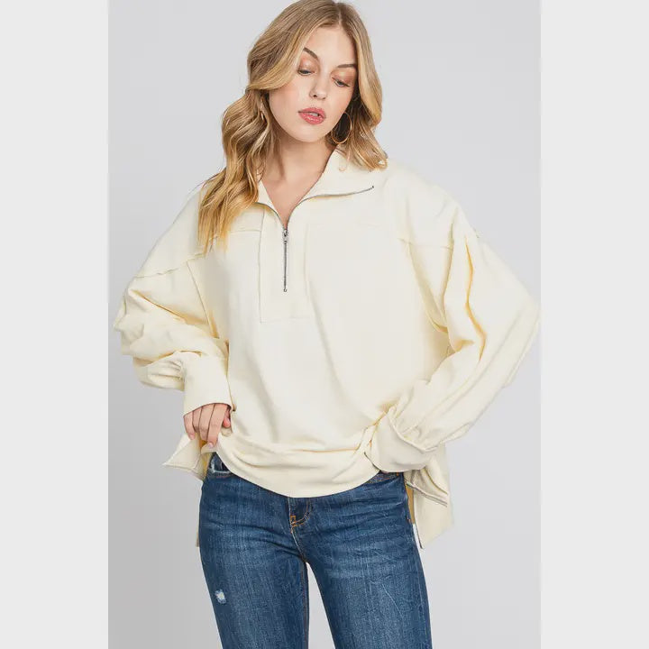 Mineral Washed Half-Zip Terry Pullover - Ivory
