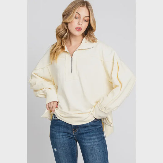 Mineral Washed Half-Zip Terry Pullover - Ivory