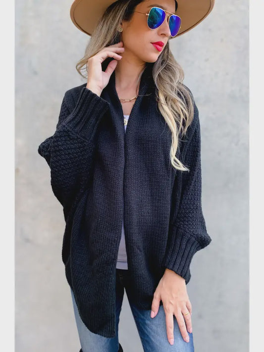 Black Textured Knit Dolman Sleeve Cardigan