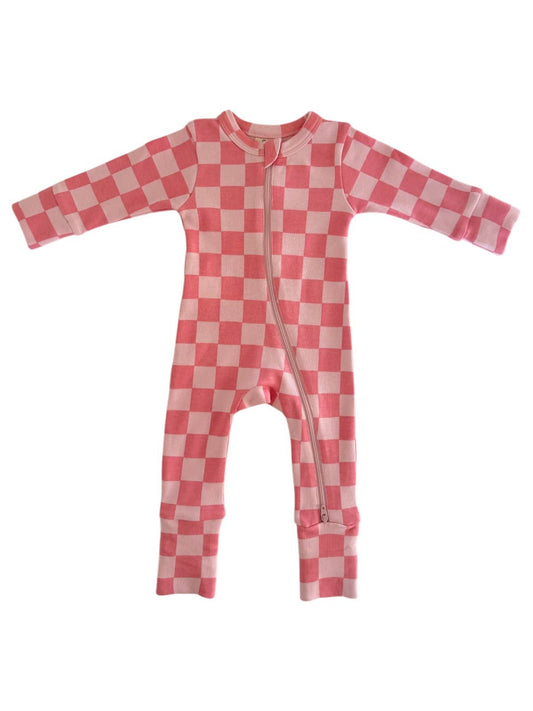 Strawberry/Rosy Checkerboard / Organic 2-Way Zip Romper: 3-6M SIIX Collection