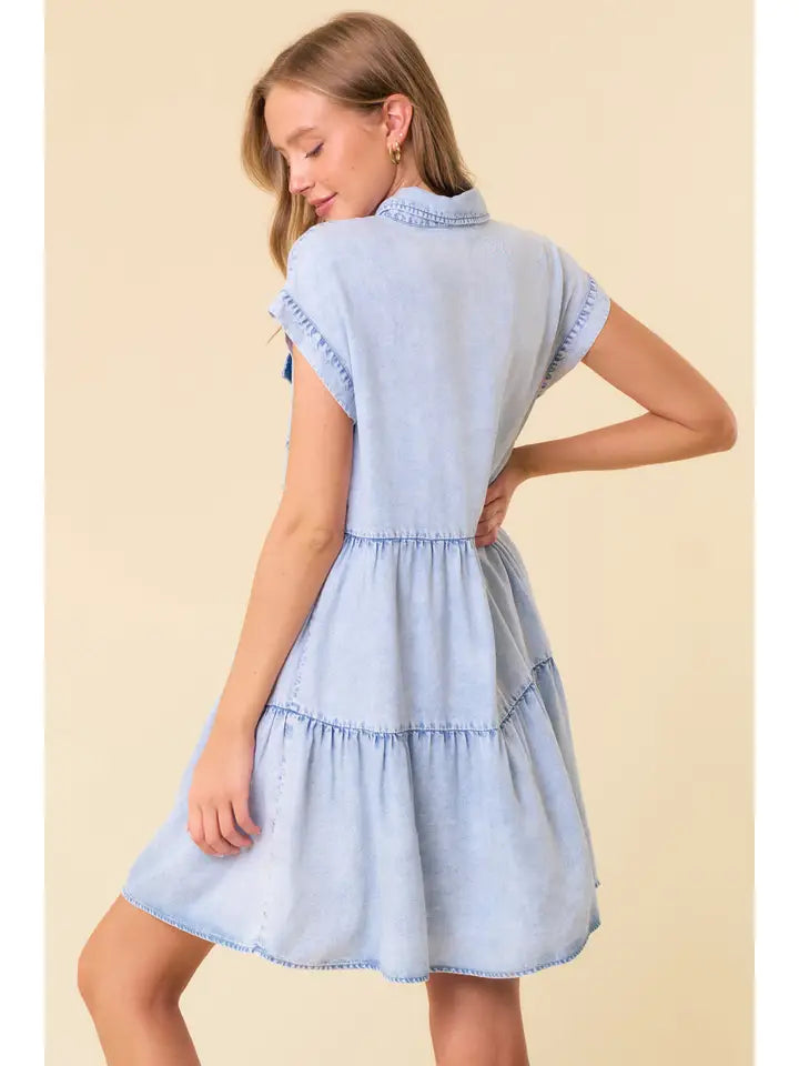 Short Sleeve Ruffled Hem Tencel Denim Dress