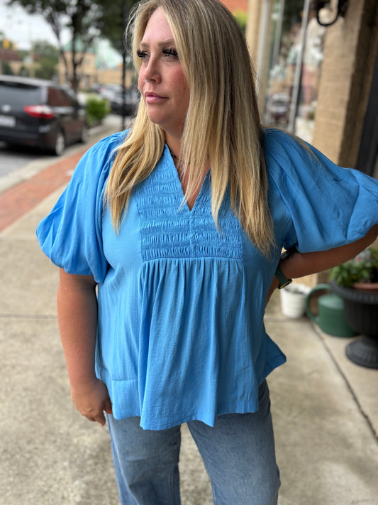 Umgee Ocean Blue Bubble Sleeve Top with Yoke & Smocked Detail