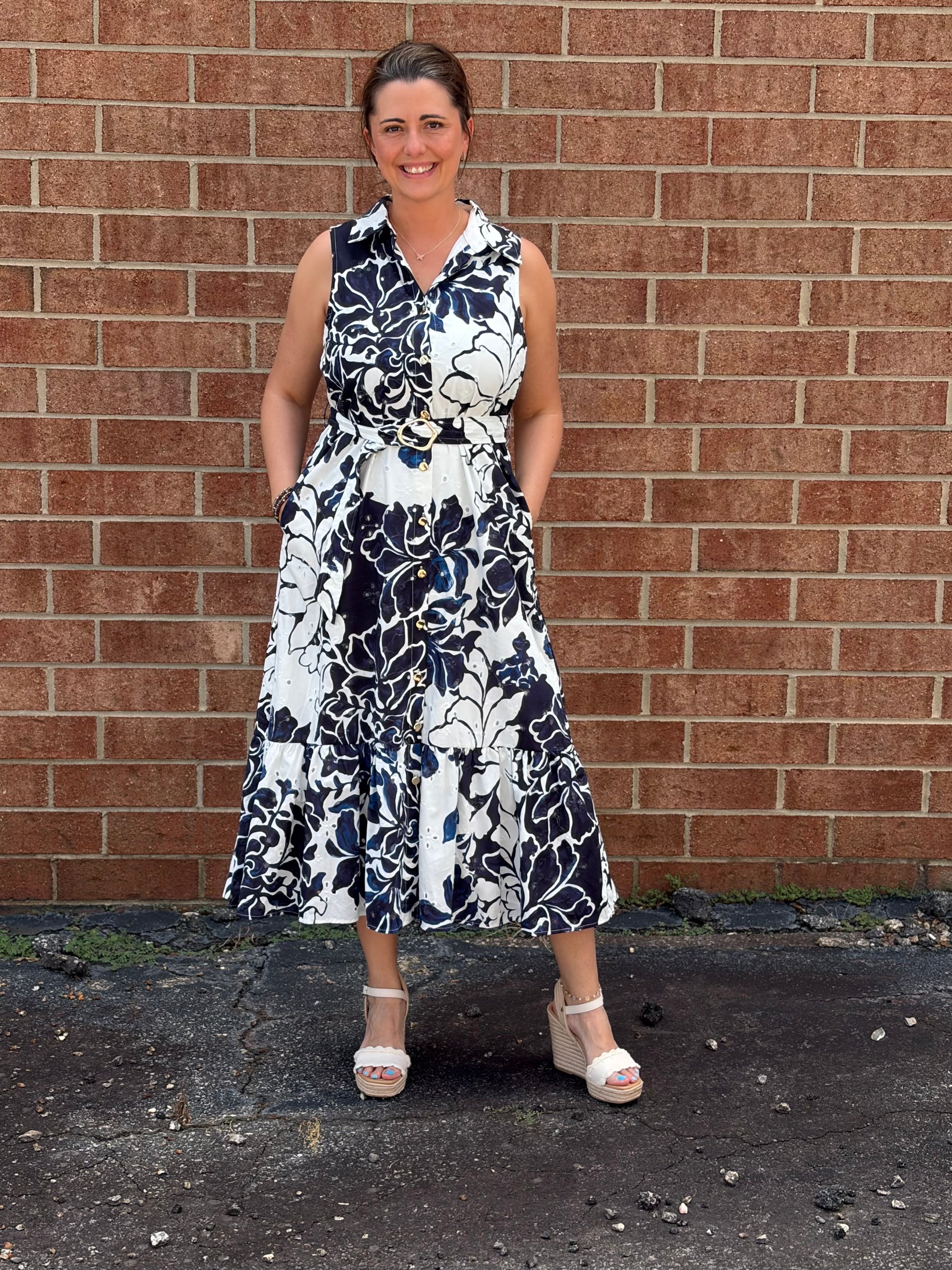 Entro Navy Floral Print Sleeveless Midi Dress with Tie Waist