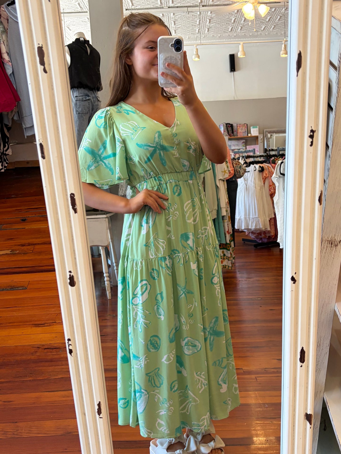 Coastal Motif Print Green V-Neck Midi Dress