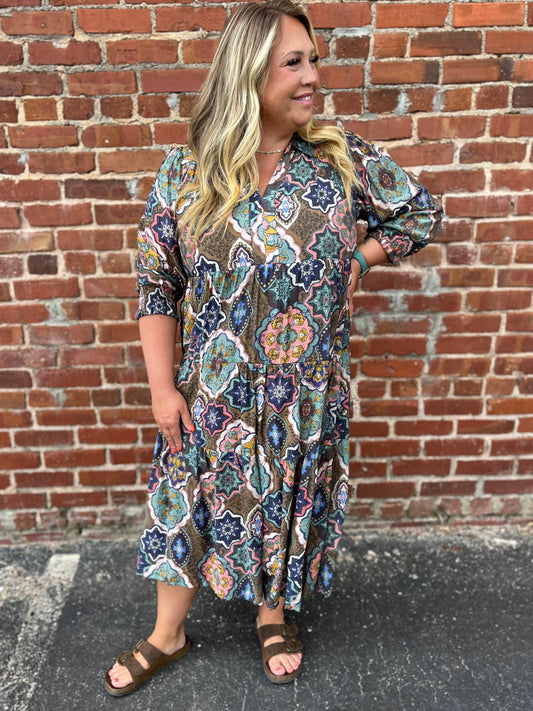 PLUS Umgee Boho Print Tiered Midi Dress