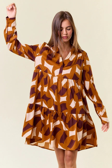 Caramel Abstract Printed Long Sleeve Dress