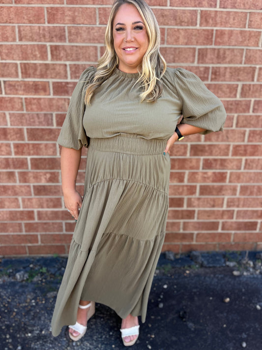 PLUS Dusty Sage Solid Woven Tiered Maxi Dress