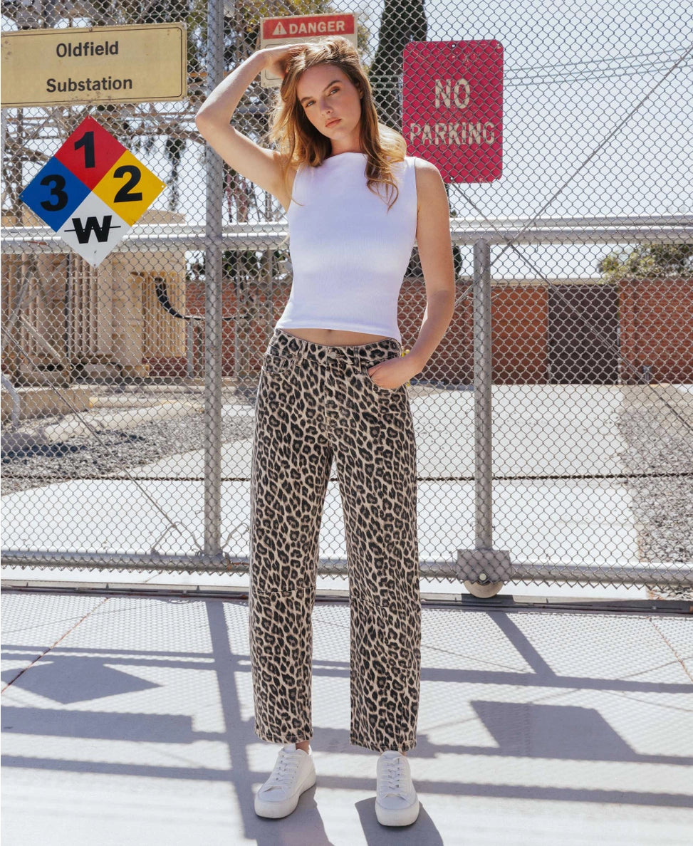 VERVET High Rise Leopard Barrel Jeans
