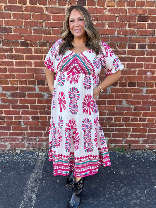 Umgee Mix Print Tiered Midi Dress