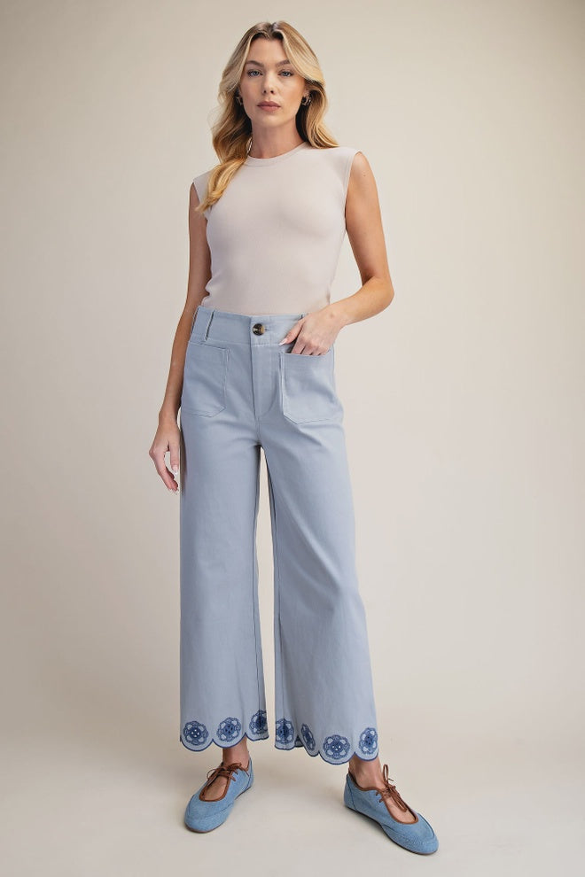 Colette Scallop-Hem Wide-Leg Pants - Blue