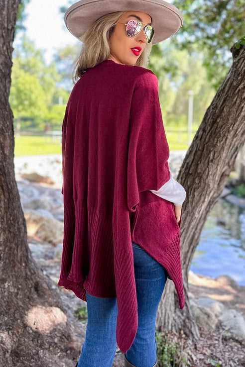 Burgundy Pocket Detail Knit Kimono Cardigan