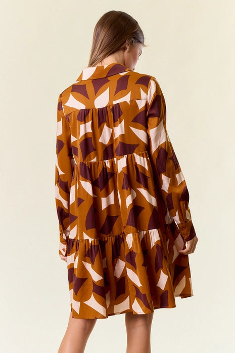 Caramel Abstract Printed Long Sleeve Dress