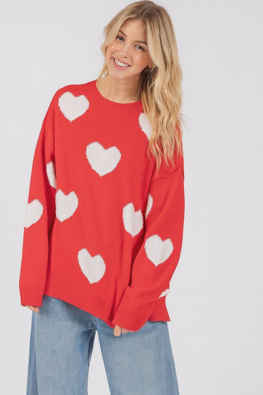 Oversized Heart Knit Side Slit Sweater – Red & Ivory