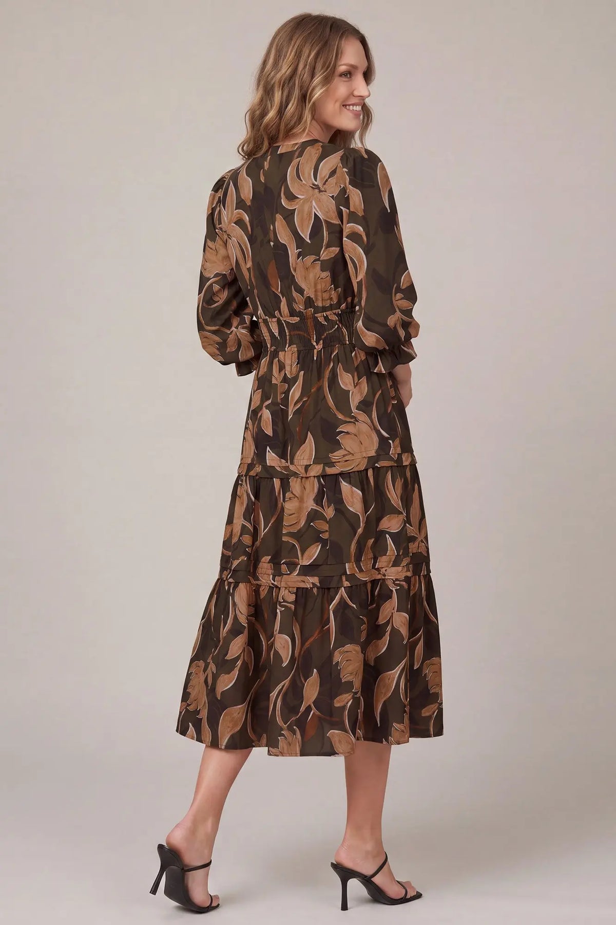 She and Sky Chocolate Brown & Tan Floral Tiered Midi Dress with Smocked Waist