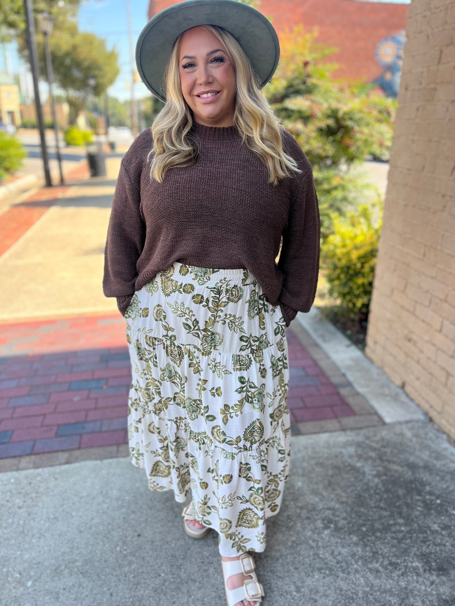 Entro Floral Print Tiered Pull-On Midi Skirt - Green