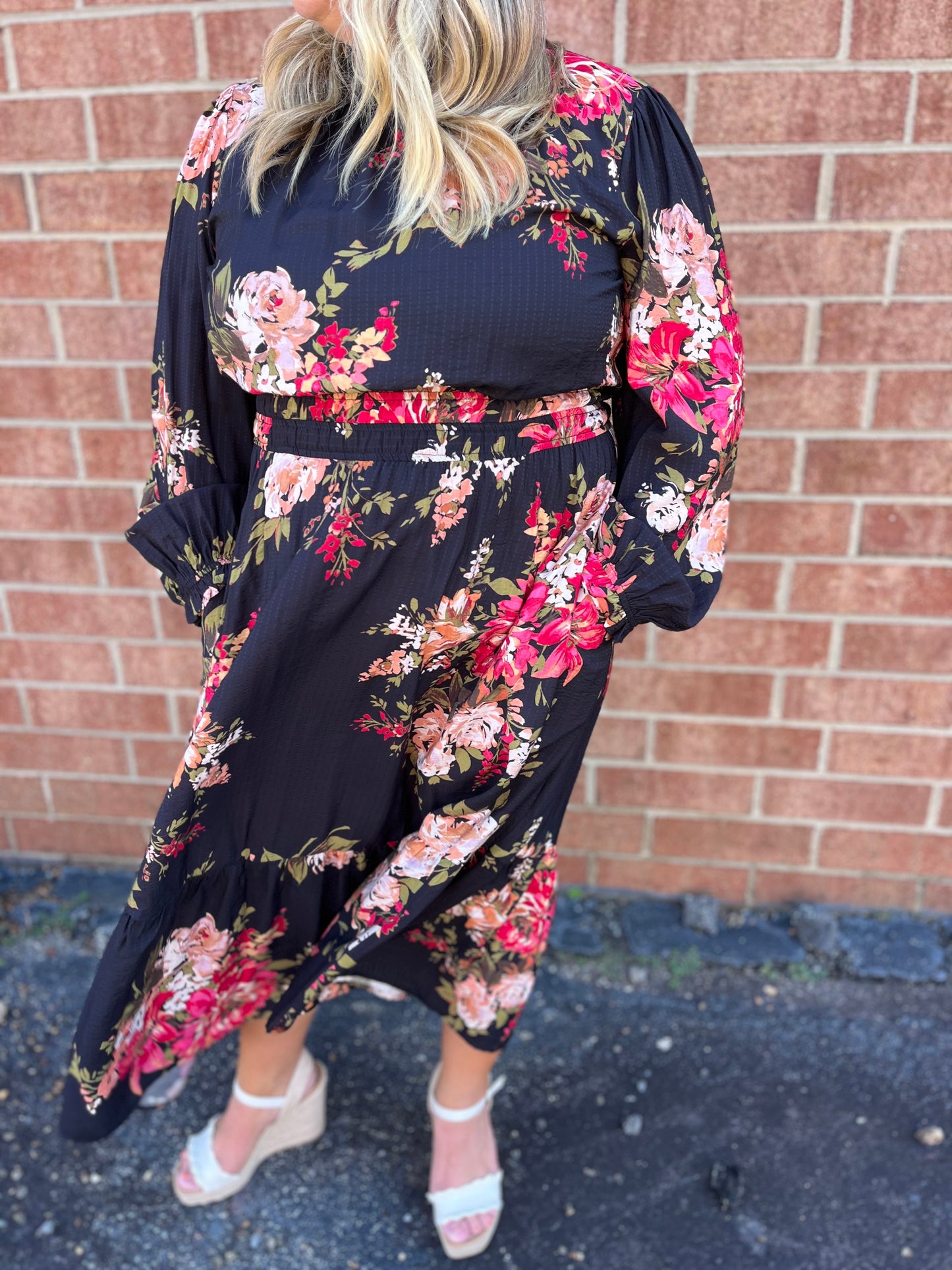 PLUS Black Mix Floral Ruffle Neck Tiered Midi Dress