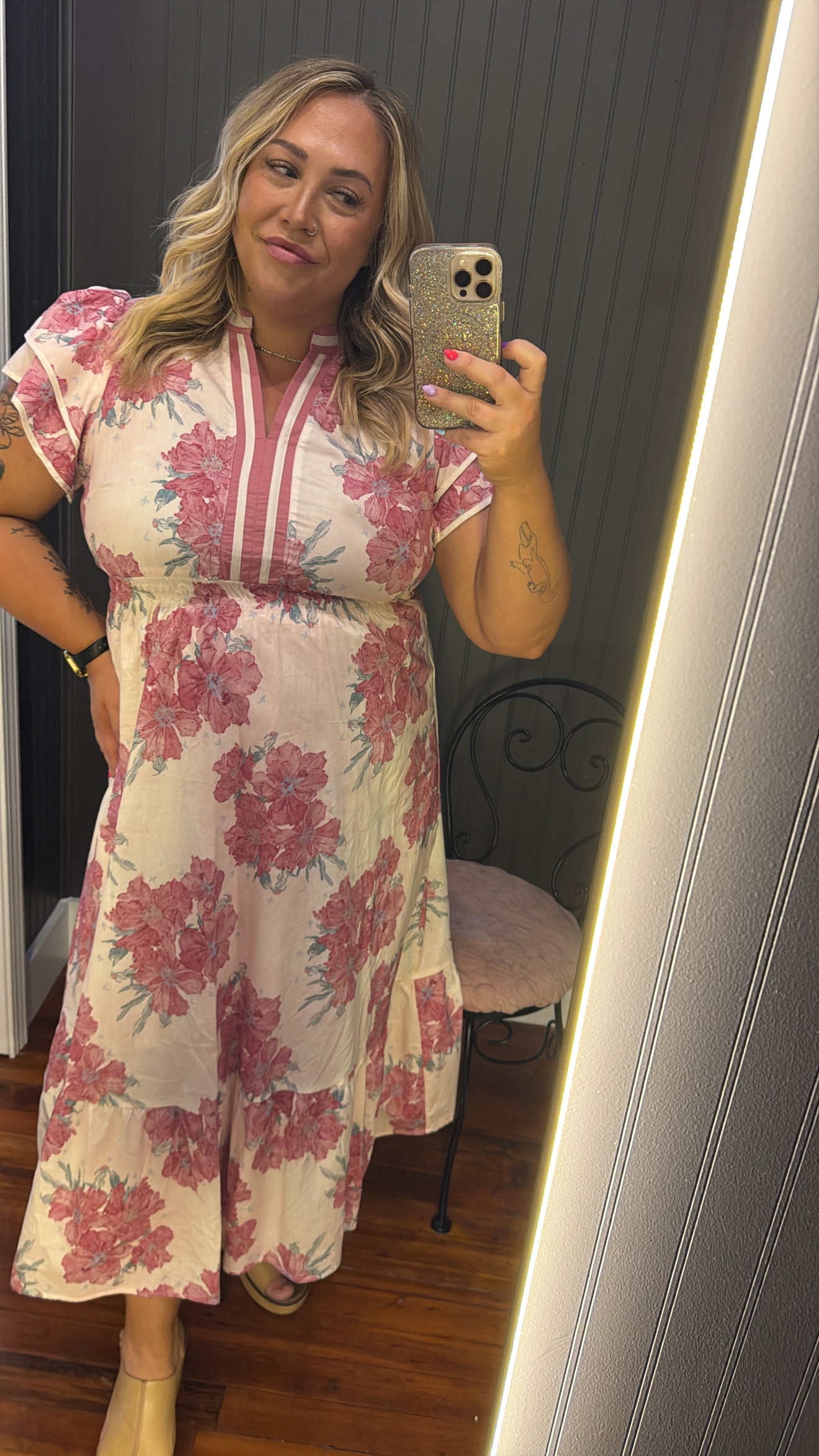 PLUS Umgee Pink Floral Flutter Sleeve Midi Dress