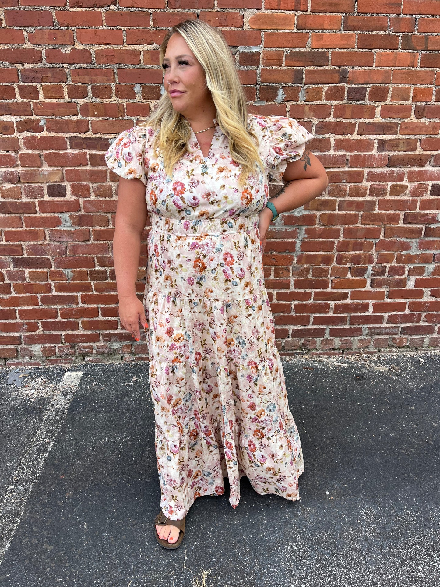 PLUS Entro Floral Print Puff Sleeve Tiered Midi Dress