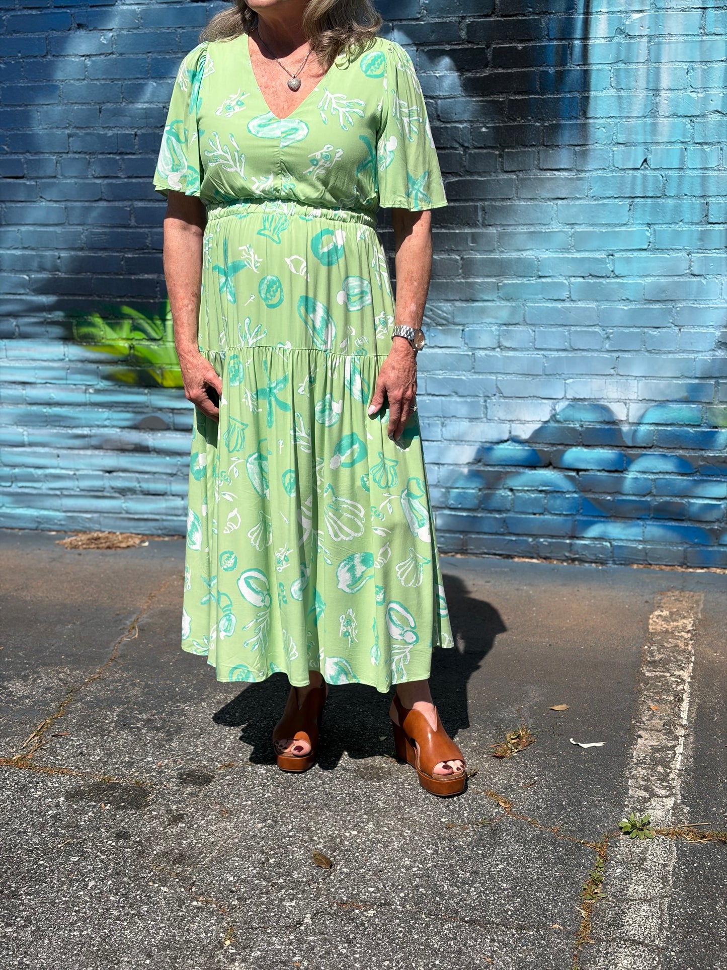 Coastal Motif Print Green V-Neck Midi Dress